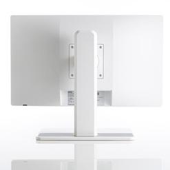 Rückansicht eines modernen, weißen Monitors mit einem stabilen, ebenso weißen Standfuß.