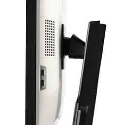 Seitenansicht eines Computerbildschirms auf einem schwarzen Standfuß mit USB-Anschlüssen.