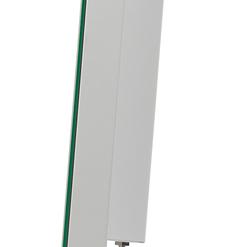 Seitenansicht eines wei&szlig;en Monitors mit schmalem Rahmen und stabiler Grundplatte.