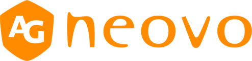 Logo der Firma neovo mit orangefarbenem Schriftzug auf einem weißen Hintergrund.