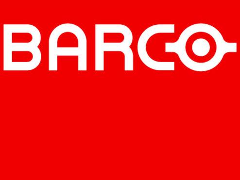 Logo der Marke Barco mit weißer Schrift auf rotem Hintergrund.