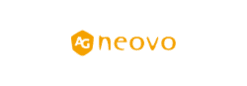 Logo von Neovo in orange und schwarz mit stilisiertem Smiley in einem hexagonalen Rahmen.