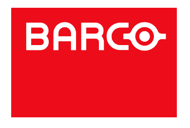 Logo von Barco auf rotem Hintergrund, mit der Schrift „BARCO“ in Weiß und einem stilisierten Symbol rechts.