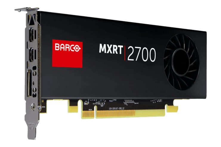 Grafikkarte Barco MXRT 2700 mit L&uuml;fter und mehreren Anschlussm&ouml;glichkeiten auf der R&uuml;ckseite.
