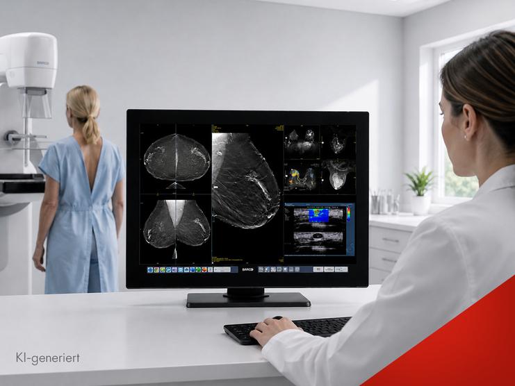 &Auml;rztin betrachtet Mammographie-Bilder auf einem Monitor, w&auml;hrend Patientin in Untersuchungsanordnung vor ihr steht.