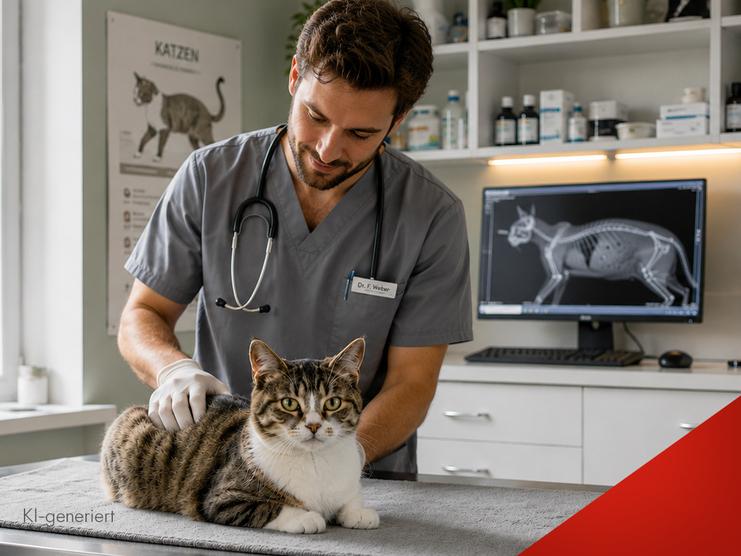 Tierarzt untersucht eine Katze auf einem Tisch, im Hintergrund ein R&ouml;ntgenbild und Medizinprodukte auf Regalen.