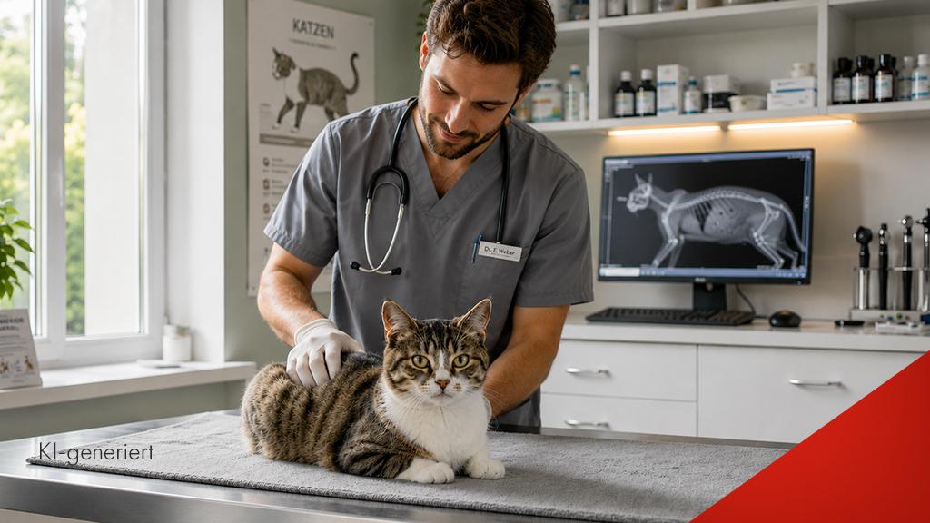 Tierarzt untersucht eine sitzende Katze auf einem Behandlungstisch, im Hintergrund ein Bildschirm mit R&ouml;ntgenbild einer Katze.