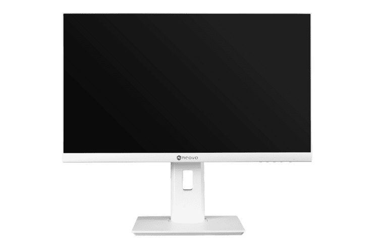 Wei&szlig;er Computer-Monitor mit flachem Bildschirm und schn&ouml;rkellosem Standfu&szlig; auf hellem Hintergrund.