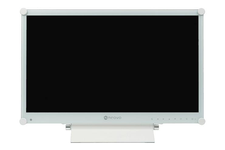 Monitor mit wei&szlig;em Rahmen und schwarzem Bildschirm auf einem wei&szlig;en Standfu&szlig;.