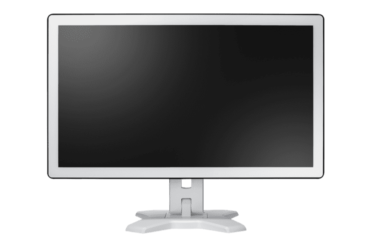 Flacher Computer-Monitor mit schmalem, silbernem Rahmen und stabiler Basis, Bildschirm ist unbeleuchtet.