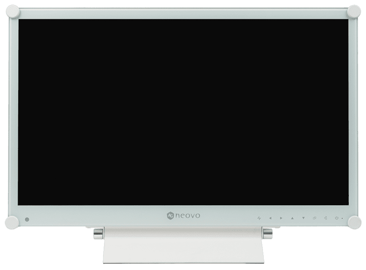 Monitor mit schwarzem Bildschirm und wei&szlig;em Rahmen, Marke Neovo, auf einem stabilen Standfu&szlig;.