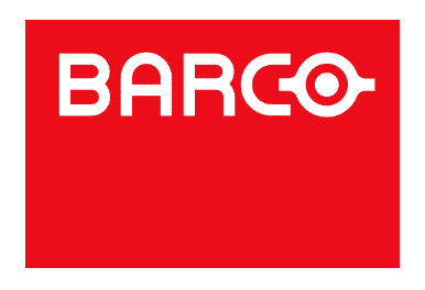 Logo von Barco: Roter Hintergrund mit wei&szlig;em Schriftzug &bdquo;BARCO&ldquo; und grafischem Element im Buchstaben &bdquo;O&ldquo;.