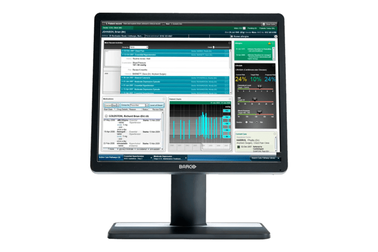 Monitor mit graphischen Benutzeroberfl&auml;chen und Datenanwendungen in gr&uuml;ner und blauer Farbschema.