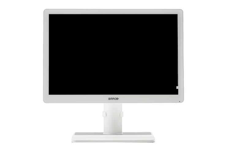 Weißer Computerbildschirm mit schmalem Rahmen und stabiler Basis, auf einem neutralen Hintergrund.