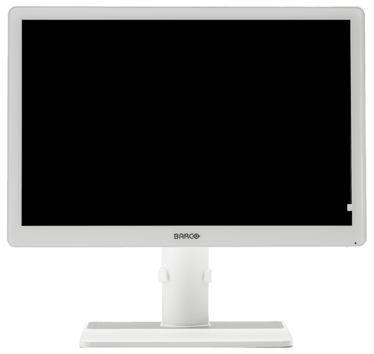 Wei&szlig;er Computer-Monitor mit standfestem Sockel und schmalem Rahmen, auf einfarbigem Hintergrund.