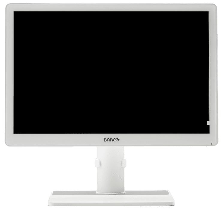 Wei&szlig;er Computermonitor auf einem Standfu&szlig;, ohne Bildschirminhalt, von vorne fotografiert.